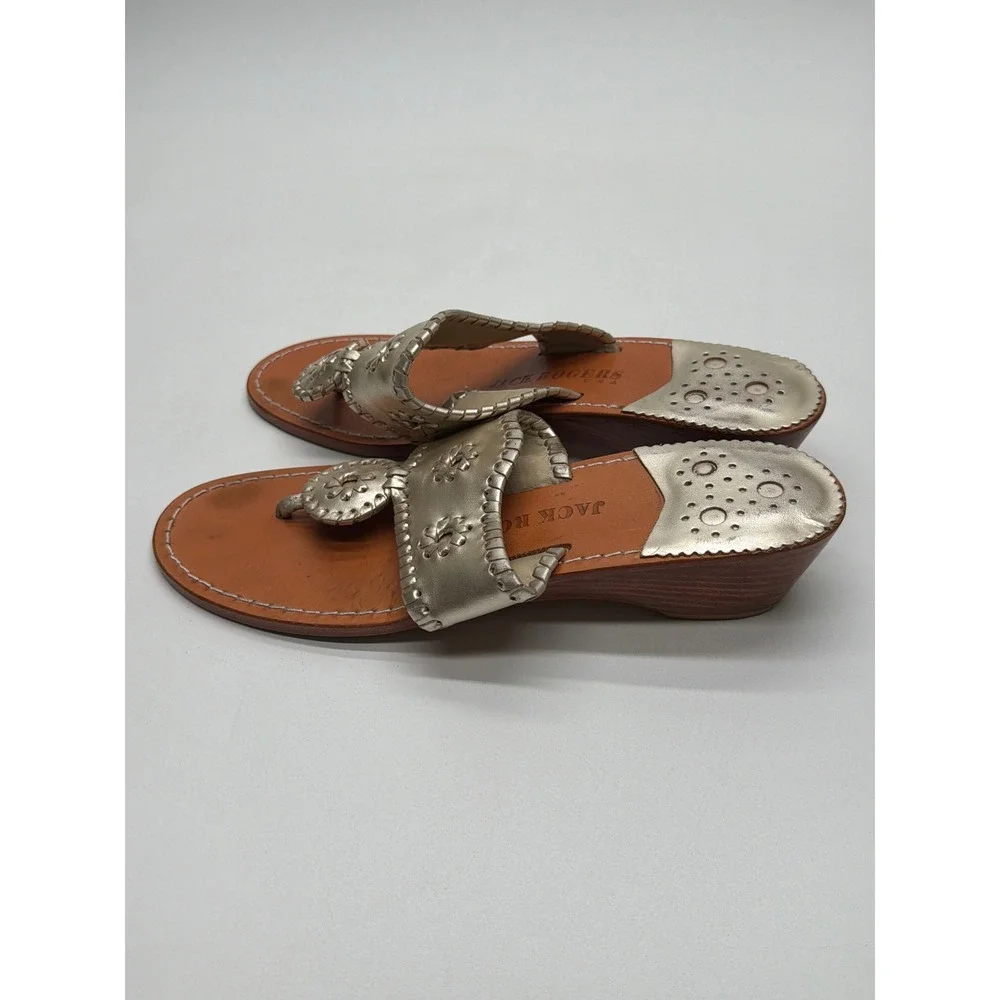 Jack Rogers Hamptons Mid Wedge Gold Leather Thong Sandals Womens 8.5 Metallic